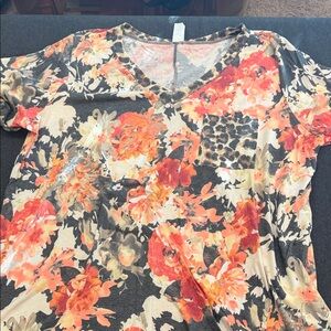 Sew In Love Orange and Black Floral V-Neck Top 2X
